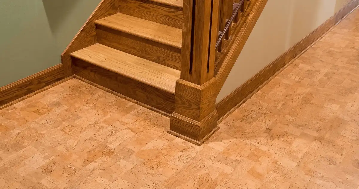 End of a staircase with cork flooring in West Palm Beach, FL