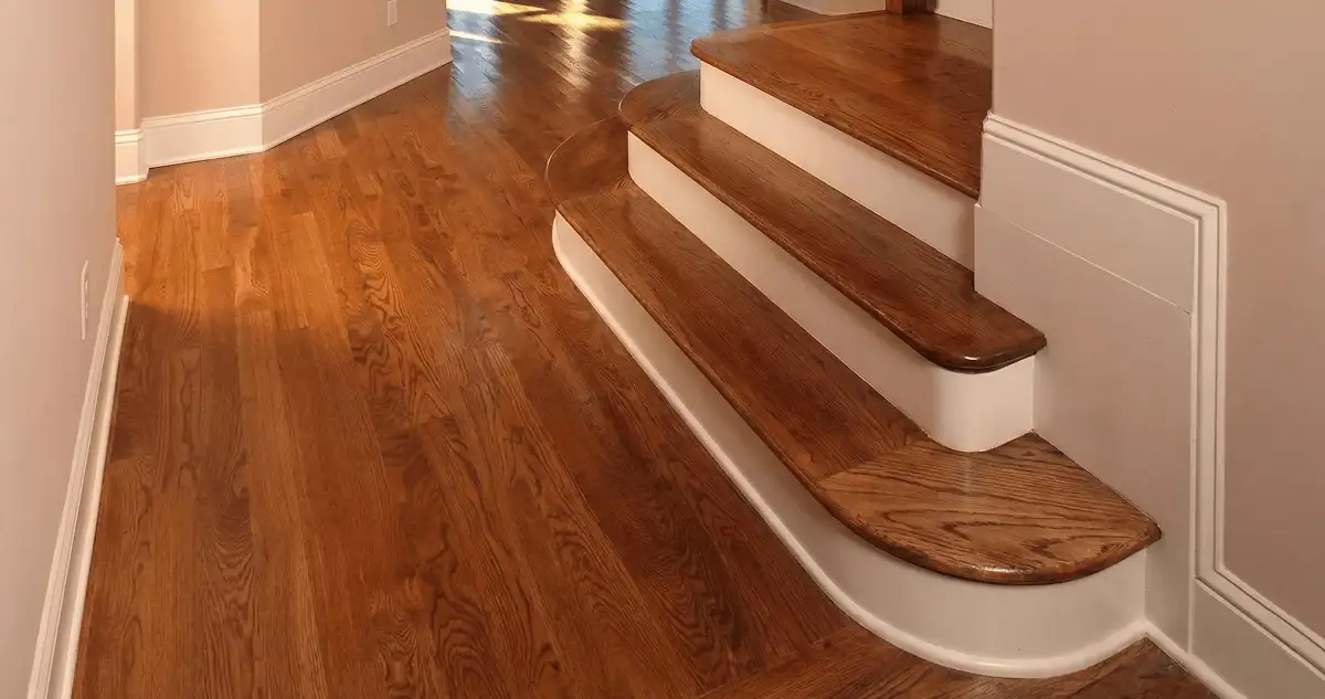 Base floor of a staircase with professionally restored wood flooring in West Palm Beach FL