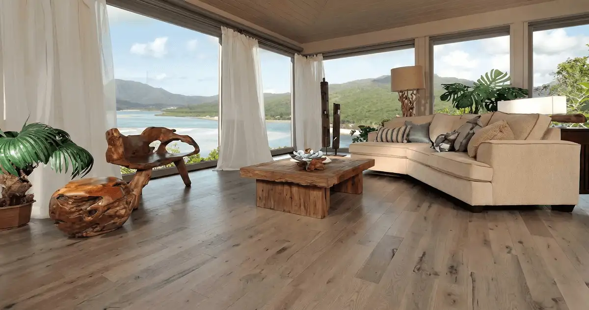 Professionally installed vinyl flooring in a modern living room with large windows in West Palm Beach, FL